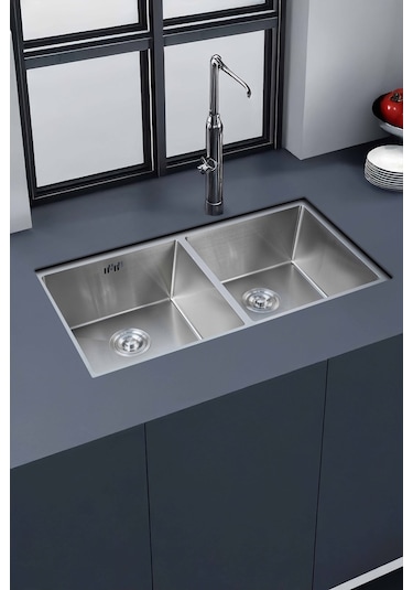 Ebrar Serisi %100 Krom 82x45 İki Göz Paslanmaz Mutfak Eviyesi, Mutfak Lavabosu Sifon Dahil Silver