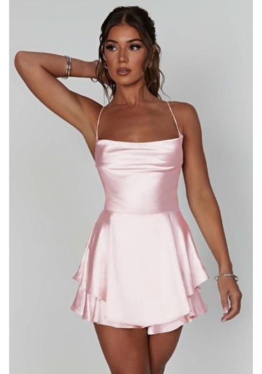 Yaz Kadın Elbise Kısa Seksi İnce İnce Sırtı Açık Düz Renk Askılı Elbiseler Pembe