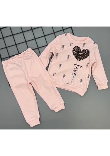 Kız Çocuk Leopar Desenli Kalp Baskılı Alt Üst İkili Gündelik Takım 1-4 Yaş SOMON