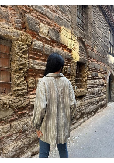 Haki Çizgili Oversize Keten Gömlek Haki