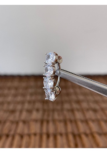 316 L Cerrahi Çelik Anti Alerjik 10 Mm 4 Taşlı Şık Abiye Göbek Piercingi Gümüş