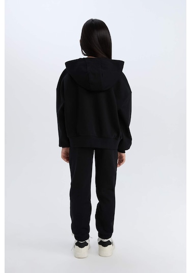 DeFacto Kız Çocuk 2'li Takım Kapüşonlu Baskılı Sweatshirt Beli Lastikli Jogger Alt D2219A824WNBK81 Siyah
