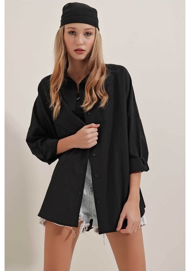 Bigdart Oversize Uzun Basic Siyah Kadın Gömlek 3900 Siyah