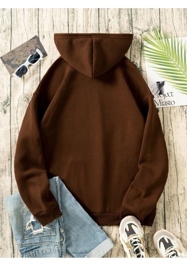 Unisex Kahverengi Kafatası Baskılı Oversize Kapşonlu Sweatshirt 001