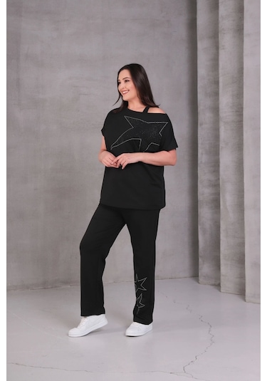 Askılı Yıldız Taş Baskılı Takım Siyah