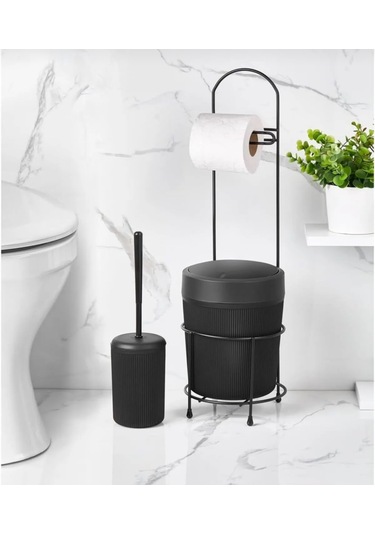 Kovalı Tuvalet Kağıtlığı, Çöp Kovalı Tuvalet Kağıdı Askısı Ve Tuvalet Fırça Seti Siyah