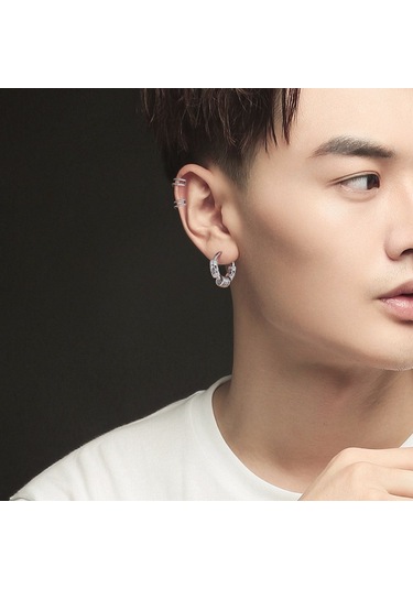 Siyah Yuvarlak Paslanmaz Çelik Kore Tarzı Küpe Ejderha Deseni Daire Kulak Çıtçıt Erkekler Hoop Küpeler Siyah