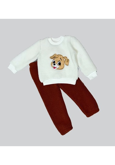 1-2-3 Yaş Mutlu Köpekcik Nakışlı Kuzu Kumaş Sweat Patili Pantolon Uzun Kollu Kız Erkek 2 Li Takımı Bordo Çok Renkli