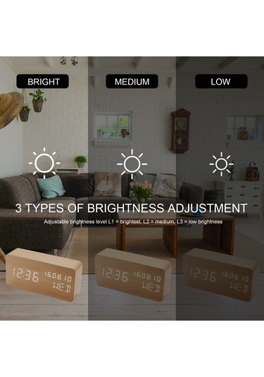 Dofolink Mdf Ahşap Dokulu Led Dijital Alarm Saat, Ses Kontrollü, 3 Aydınlatma Seviyesi, Çift Güç Kaynağı Usb/aaa , Saat-tarih-gün-sıcaklık Gösterimi