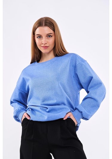 Comeor Mavi Kadın Pamuklu Oversize Basic Bisiklet Yaka Sweatshirt 001