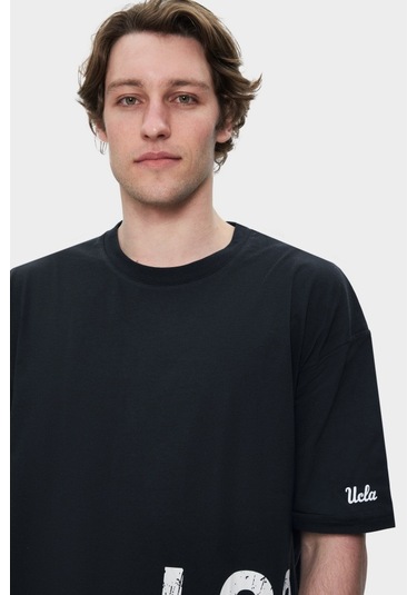 Ignıso Siyah Bisiklet Yaka Baskılı Oversize Erkek Tshirt SIYAH