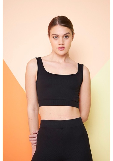 Yeşil Fitilli Kare Yaka Esnek Örme Crop Büstiyer Atlet Siyah