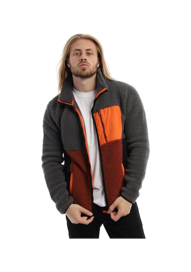 Erkek Dik Yaka Parçalı Peluş Polar Ceket Gri