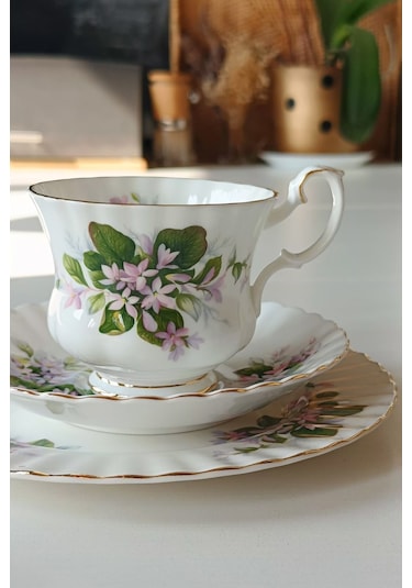 Mayflower Bone China England Duble Çay Fincanı 3 Parça Yeşilbeyaz