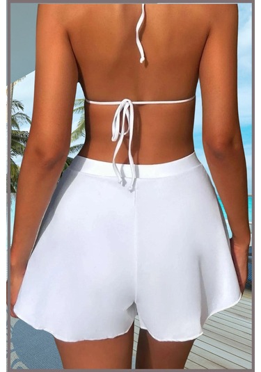 Kadın Beyaz Deniz Havuz Şortu Etek Görünümlü Yırtmaçlı Şık Model İçte Bikini Slip 1101 Beyaz