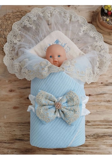 Yenidoğan Kuzulu Taç Nakış Güpürlü Fiyonklu Duvaklı Prizma Taş Unisex Kundak Bebek Battaniyesi Mavi