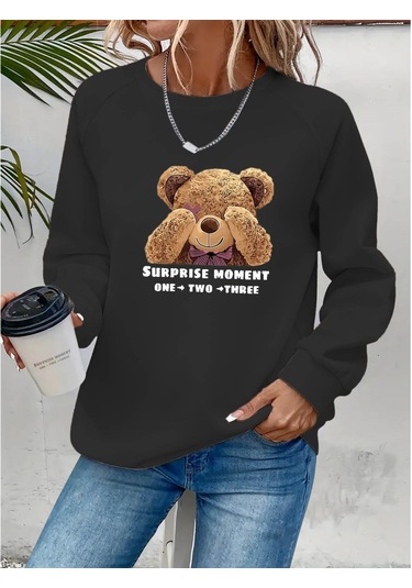 Leyla Sanat Sanata Yeni Bir Bakış Açısı Kadın Uzun Kollu Bisiklet Yaka Ayıcık Desenli Viskon Iki Iplik Bluz Antrasit