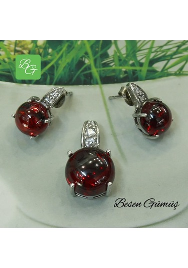 Kırmızı Bombeli Taşlı Set Rose Gold - Gümüş
