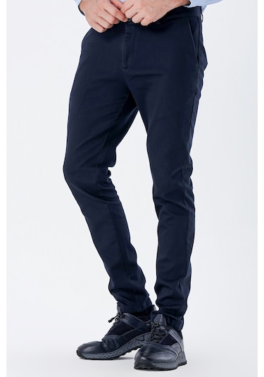 Koyu Lacivert Desenli Armürlü Pamuklu Yan Cepli Slim Fit Dar Kesim Casual Pantolon 1003235120-koyu Lacivert Koyu Lacivert