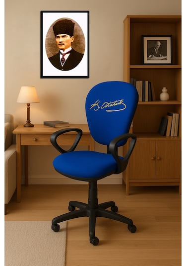 Atatürk Fb Taraftar Temalı Çocuk Çalışma Koltuğu Sarı Lacivert Tekerlekli Döner Ofis Ders Sandalyesi Lacivert