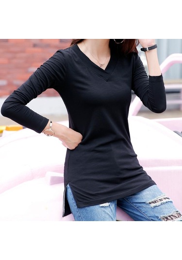 İlkbahar Ve Sonbahar Kadın Bluz Günlük V Yaka İnce İnce Orta Uzunlukta Dip Gömlek Uzun Kollu Üstler Siyah