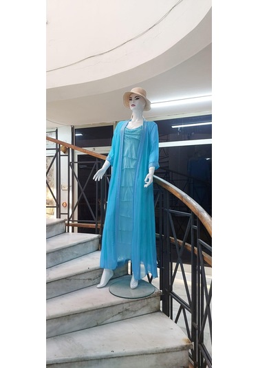 Italyan 2 Beden İnce Gösteren Kat Kat Kolsuz Ipek Elbise-8769 Açık Turkuaz