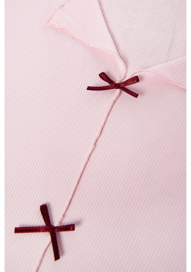 Kadın Pamuklu Çıtır Çiçek Desenli Baby Overloklu Fiyonk Detaylı Uzun Kollu Pijama Takımı Çok Renkli