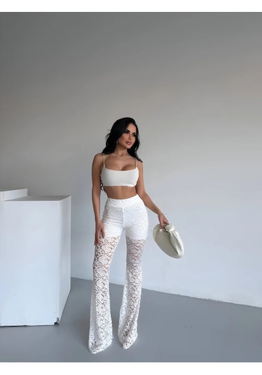 Havens Lace Kabartmalı İspanyol Paça Pantolon Beyaz