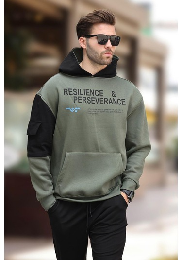 Madmext Haki Kapüşonlu Cep Detaylı Baskılı Erkek Sweatshirt 7058-haki Haki