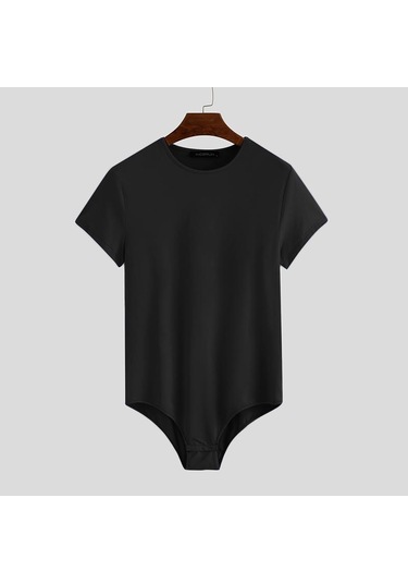 Siyah Incerun Yaz Erkek Tek Parça Kısa Kollu Fitness Romper Pijama Leotard Siyah