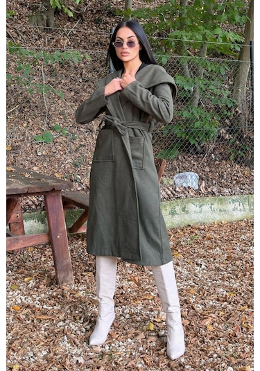 Haki Kruvaze Yaka, Kapüşonlu, Çift Cepli, Beli Kemerli, Uzun Kaşe Kaban Astarsız Haki