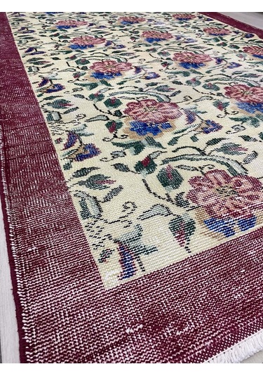 El Dokuma Eskitme 145X240 Kırmızı Mavi Güllü Vintage Yün Halı ! Kırmızı