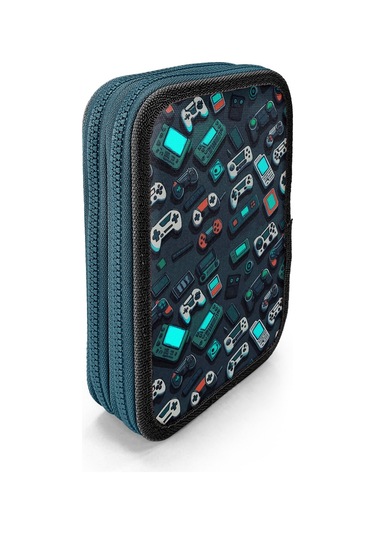 Coral High Kids Nefti Gamer Desenli Çift Katlı Kalem Çanta 11155 Petrol Mavi