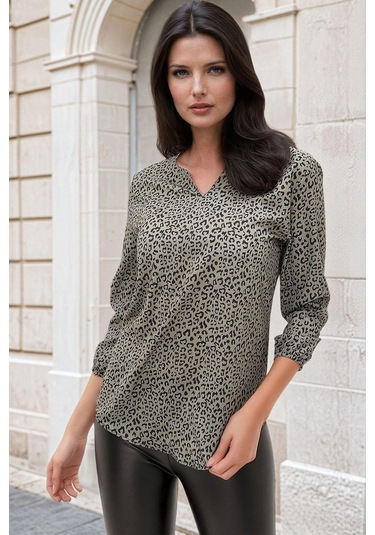 Haki Leopar Desenli, Lastikli Kol Detaylı, Şifon Bluz Haki