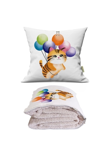 Uçan Balonlu Kedicik Baskılı Dekoratif Yastık Kırlent Opsiyonel Battaniye 2 İn 1 Çok Renkli