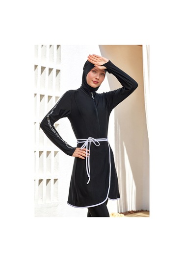 Uv Korumalı 3 Farklı Şekilde Giyilebilir Likralı Etekli Tesettür Mayo 1109 Siyah02 Siyah02