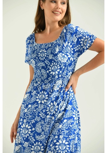 Kadın Saks Kare Yaka Desenli Elbise 001