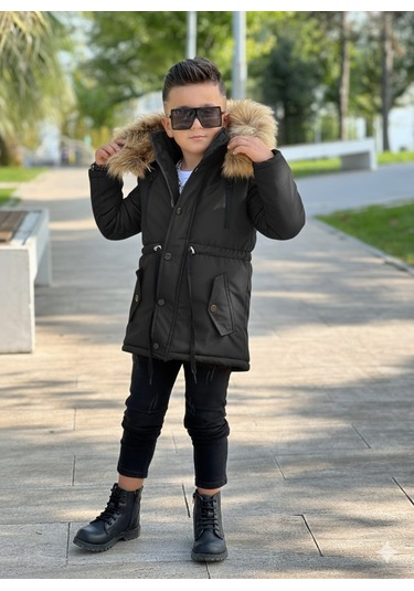 Modavals Erkek Çocuk Garson Beden İthal Tak Çıkar Kürklü Cepli Fermuarlı Düğmeli Bondit Kumaş Kışlık Mont-siyah 851247962 Çok Renkli