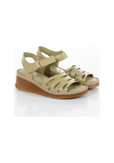 Hakiki Deri Dolgu Taban Ortopedik Taban Kadın Sandalet Haki