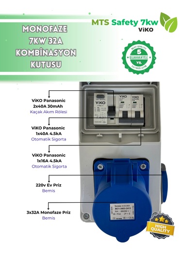 7.4 Kw 3/32 A Vıko Tesla Mavi Adaptör Uyumlu Seyyar Elektrikli Araç Şarj Cihazı İstasyonu Kombinasyon Panosu Kutusu 7kw 7,4 KW