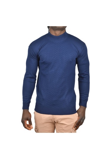 Deepsea Erkek Lacivert Zigzag Desenli Yarım Balıkçı Yaka Dar Kesim Boğazlı Triko Kazak 2505496 Lacivert