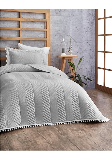 Evlen Home Ponponlu %100 Pamuk Tek Kişilik Günlük Yatak Örtüsü Pike Takımı Seti Gri