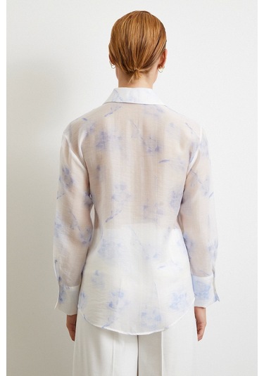 Organze Desenli Tül Gömlek Mavi Mavi