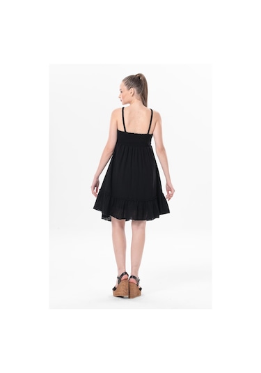 Alanya Boyundan Bağlamalı Kısa Yazlık Müslin Elbise Siyah Syh-siyah Siyah