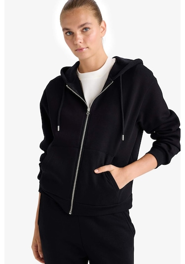 Defacto Relax Fit Kapüşonlu Basic Düz Kalın Fermuarlı Sweatshirt C1809ax25aubk81 Siyah