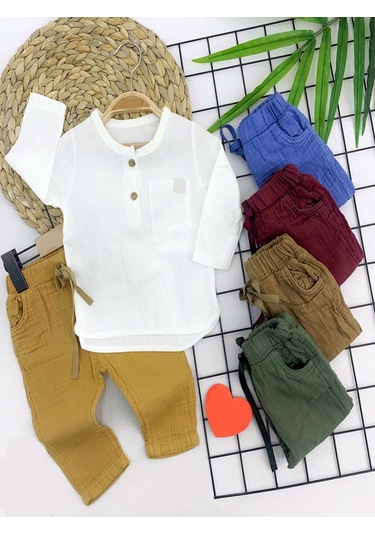 9-12-18-24 Ay Nefes Alan Organik Kumaş Hakim Yaka 2li Erkek Bebek Takımı Bordo