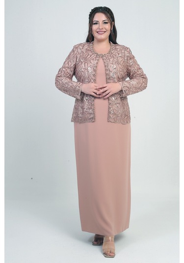 Kadın Pul İşlemeli Boncuk Detaylı Tül Ceket Yarım Ay Kollu Uzun Elbise Astarlı Krep Büyük Beden 2'li Takım Gold