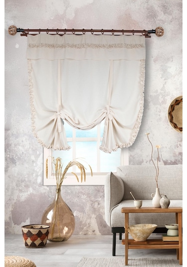 Naturel Potlu Perde Bohem Büzgü Bantlı Krem