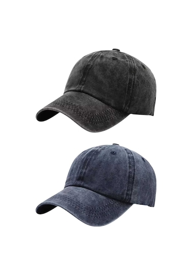 Tezzgelsin Unisex Eskitme Vintage Pamuklu Ayarlanabilir Beyzbol Kep Şapka 2'li Set Siyah - Lacivert