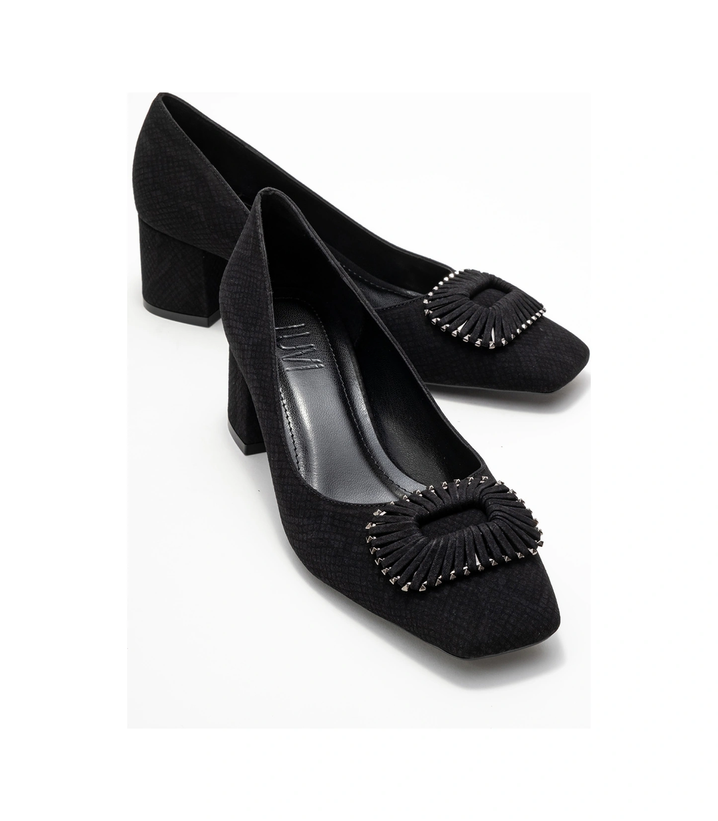 Velora Siyah Desenli Tokalı Kadın Kalın Topuklu Ayakkabı Siyah Yılan